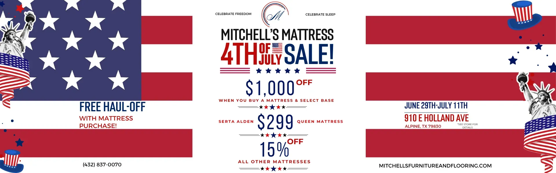 4th of July Sale June 29th - July 11th! Queen Alden Mattress $299 All Other Mattresses 15% Off!! 